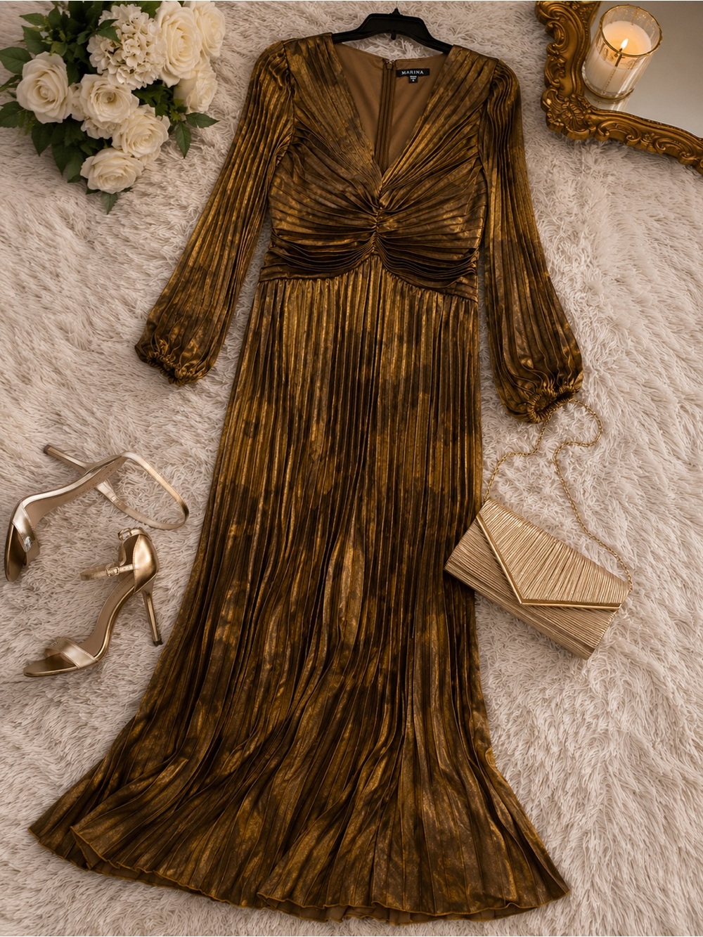 MARINA Metallic Gold Pleated Midi Dress
